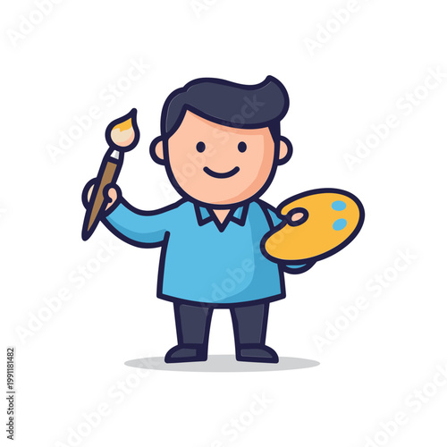 Cartoon Artist Holding Paintbrush and Palette, Creative Hobby, Art Studio Concept