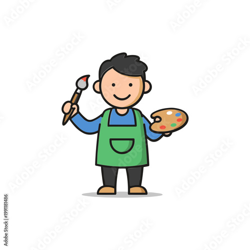 Cartoon Artist Holding Paintbrush and Palette, Creative Hobby, Illustration