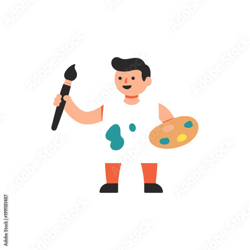 Cartoon artist holding paintbrush and palette, creative illustration