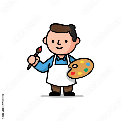 Cartoon Artist Holding Paintbrush and Palette, Creative Hobbyist Character