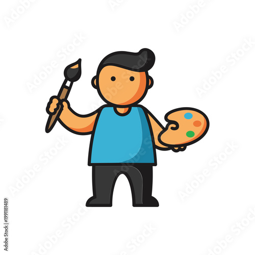 Cartoon Artist Holding Paintbrush and Palette, Creative Hobby, Illustration