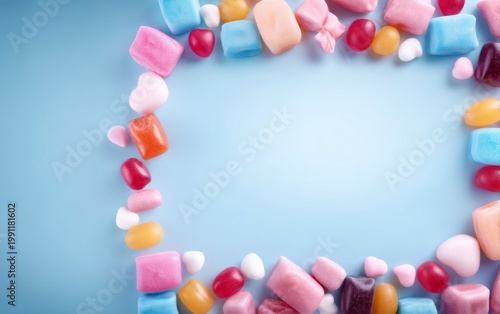 Vibrant Colorful Wrapped Candies Arranged in Creative Design on Blue Surface