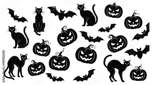 Spooky happy halloween black cats bats and jack o' lanterns for a festive celebration