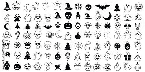 Happy halloween a spooky collection of black silhouette icons for festive celebrations
