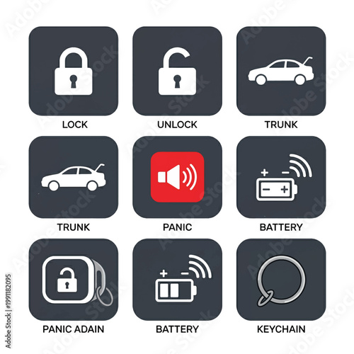 Tablou pe pânză Car Key Fob Icons Showing Functions Like Lock Unlock Trunk Panic Battery
