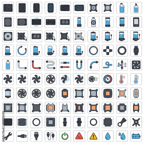 Computer hardware icons and symbols for technology and cooling systems.