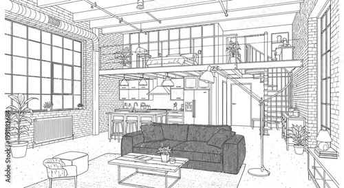 Modern industrial style loft apartment interior line art sketch. Open-plan living space with kitchen, mezzanine, and large windows.