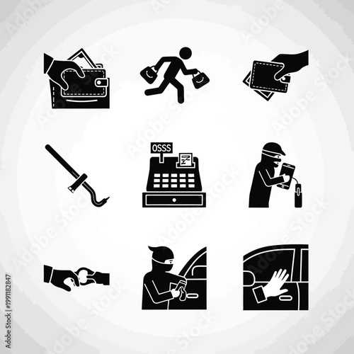 Black and white crime set including thief running with money and breaking into car theft robbery