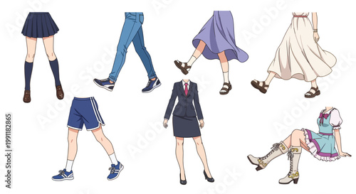 Various cartoon characters wearing different outfits and shoes walking alone