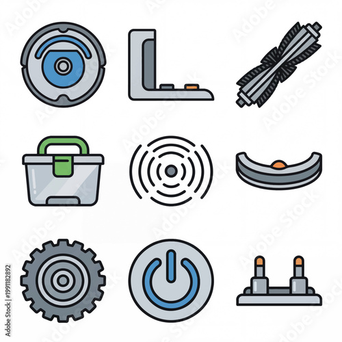 Robotic Vacuum Cleaner Parts and Accessories Icons.
