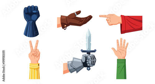 Cartoon hands showing different gestures and wearing various arm guards and sleeves