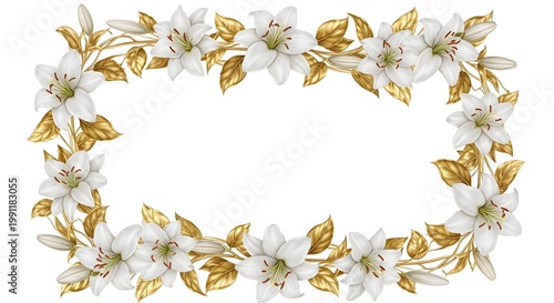 White and gold floral arrangement with delicate petals and leaves white flowers gold accents golden leaves