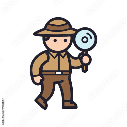 Cartoon Explorer Investigator Character with Magnifying Glass