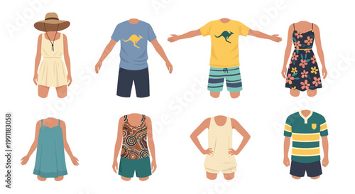 Various cartoon people wearing different casual summer clothes and outfits