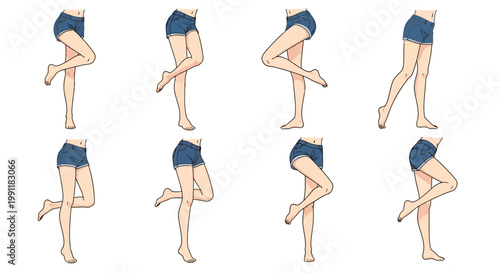 Woman in blue shorts demonstrating various leg stretching exercises