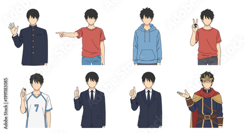 Anime style young men in various poses and outfits