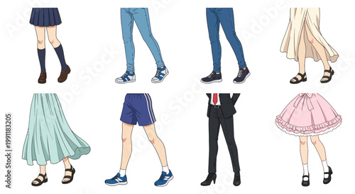 Diverse cartoon legs in various outfits and shoes on white background