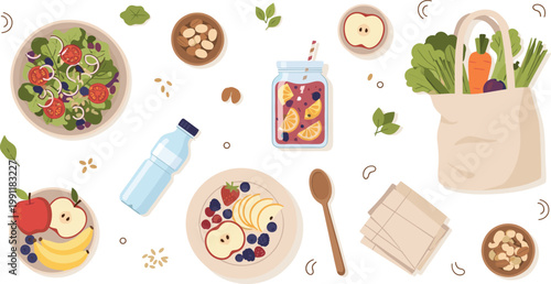 Healthy Breakfast and Organic Food Illustration Set with Fresh Fruits, Salad Bowl, Granola, Smoothie Jar, Grocery Bag, and Balanced Diet Elements for Nutrition and Clean Eating Lifestyle Design.