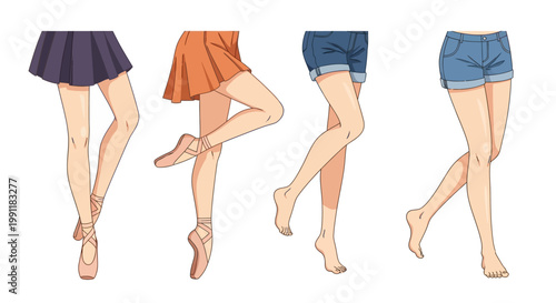 Four cartoon women wearing different outfits in various poses showing legs