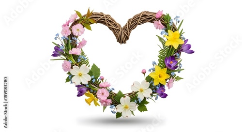 Heart shaped floral arrangement with purple yellow and white flowers and greenery purple flowers yellow flowers