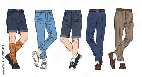 Five different cartoon pants styles with legs and feet in various poses and footwear
