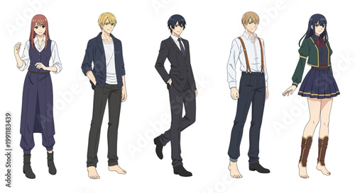 Group of five diverse anime characters standing together in stylish fashion outfits while posing for a full body portrait illustration