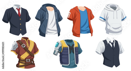Various stylish anime outfits and creative character clothing pieces designed for a diverse range of fictional heroes and casual modern roles