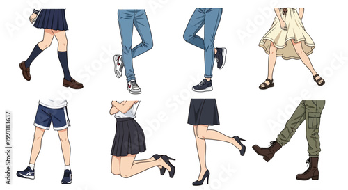Set of anime style character legs showing various fashionable outfits and footwear poses isolated on a plain white background area