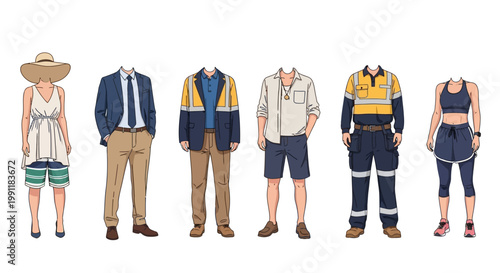 Collection of diverse animated outfits for various professions and activities displayed side by side.