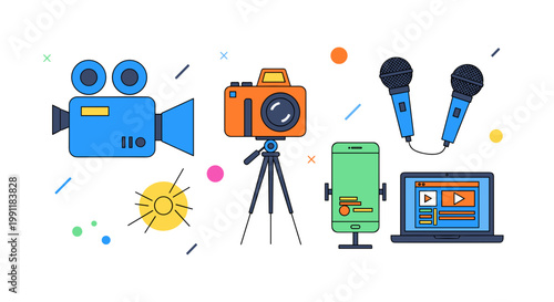Creative production tools including vintage camera modern digital camera on tripod smartphone microphones and laptop