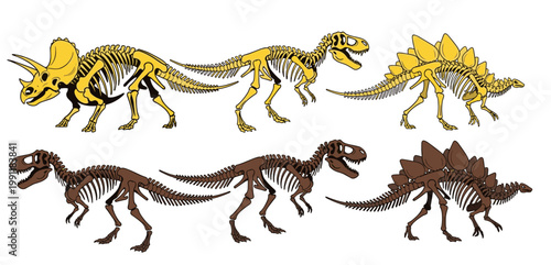 Collection of dinosaur skeletons in yellow and brown tones depicting prehistoric creatures and paleontology concepts