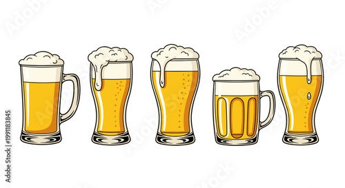 Collection of five frothy golden beer glasses with overflowing foam isolated on a clean white background perfect
