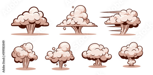 Diverse cartoon explosion cloud icons representing different impact styles and dynamics for graphic design and visual