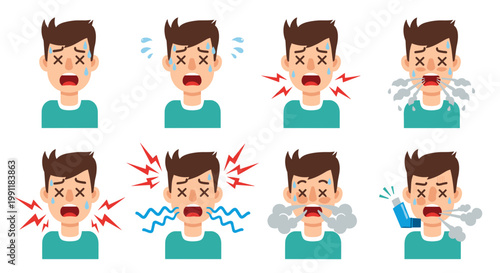 Collection of cartoon male character facial expressions showing illness symptoms like sneezing coughing and fever