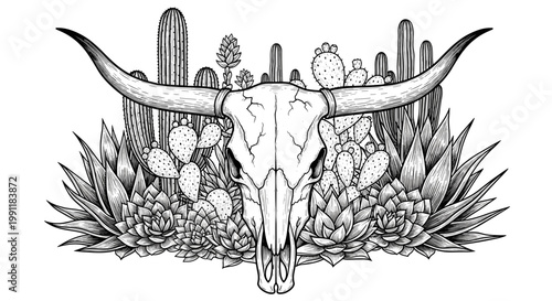 Desert landscape with longhorn skull and cacti in detailed black and white sketch style symbolizing wild west and arid