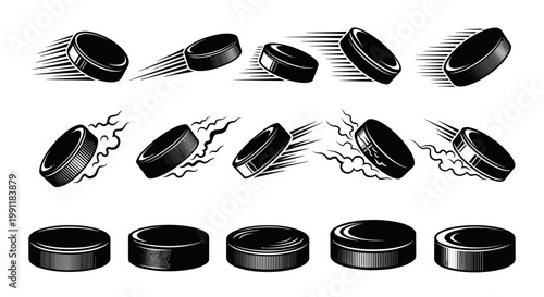 Collection of dynamic hockey pucks in motion freeze and sliding with speed lines isolated on white background sports