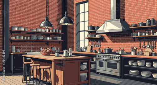 Modern industrial kitchen interior with exposed brick walls, wooden island, professional stainless steel appliances, and open shelving.