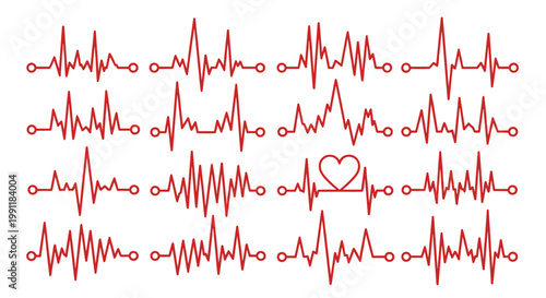 Collection of red electrocardiogram heartbeat pulse lines and ekg waveforms with a central heart symbol on white