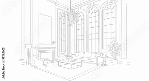 Elegant Classic Living Room Interior Outline Sketch with Chandelier and Large Windows