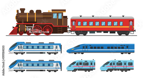 Vintage steam locomotive pulling passenger carriage alongside modern high speed bullet trains on white background