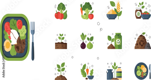 Healthy Food and Organic Farming Illustration Set with Fresh Vegetables, Balanced Diet Meals, Agriculture Process, Eco Friendly Products, and Nutrition Concepts for Lifestyle and Wellness Design.