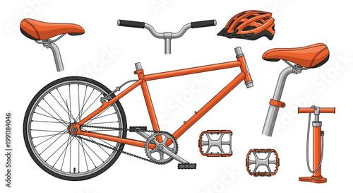 Orange bicycle frame wheel handlebars pedals seat helmet and pump displayed separately conveying cycling components