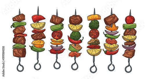 Assortment of colorful grilled meat and vegetable skewers arranged in a line showcasing delicious barbecue food