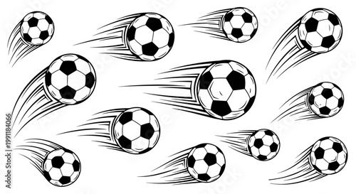 Dynamic collection of black and white soccer balls in motion with speed lines representing action and competition