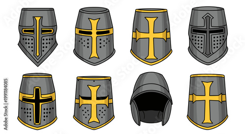 Collection of medieval crusader helmets with golden cross emblems illustrating historical warfare and knightly armor