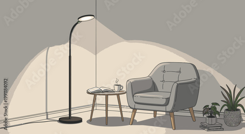 Minimalist living room corner illustration with a cozy armchair, floor lamp, book, and coffee, depicting a warm and relaxing home interior