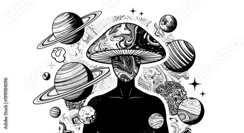 Surreal cosmic mushroom head silhouette figure surrounded by planets and stars symbolizing altered states of mind