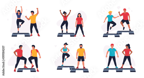 Diverse group of people performing aerobic step exercises promoting fitness and healthy lifestyle with energetic