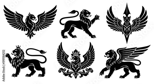 Collection of six majestic heraldic crests featuring mythical creatures like griffins and lions with spread wings