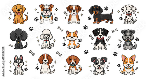 Collection of adorable cartoon dog breeds with paw prints and bones perfect for pet lovers and animal graphics